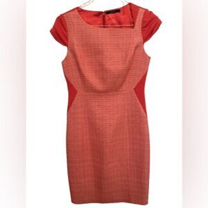 Coral Sheath Mini Dress with Puff Cap Sleeves and Cowl Neck